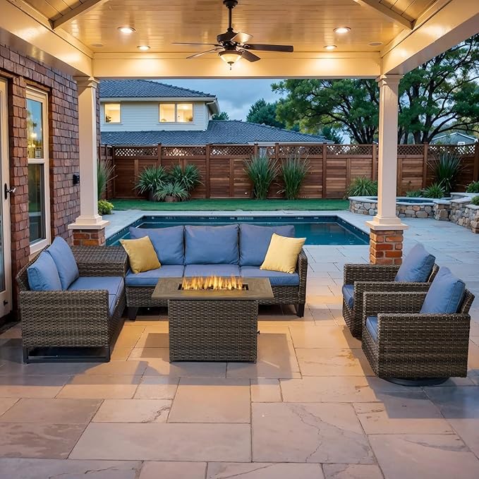 Belord 6-Piece Outdoor Sectional Furniture Set with 41” Fire Pit Table, 5-Seater Patio Furniture Set with Swivel Glider Chairs & Storage Box, 50000 BTU Propane Fire Pit Table, All-Weather PE Wicker