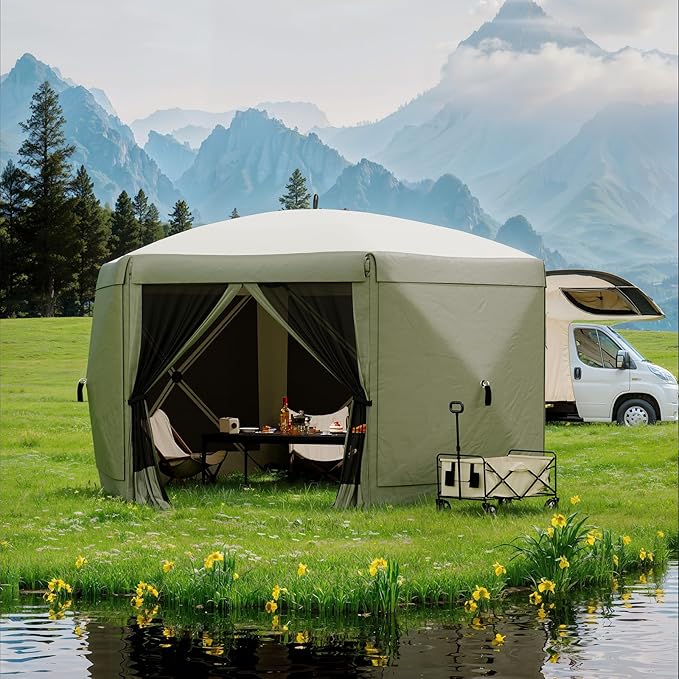 13x13FT 6-Sided Pop Up Gazebo Tent，One-Push Setup Canopy Tent with Removable Canopy Top & Wind Cloths, Outdoor shelter for Camping, Backyard Parties, Outdoor Events - Army Green