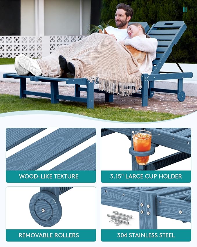 SERWALL Outdoor Chaise Lounge Set of 2 with 9FT Umbrella, HDPE Pool Lounge Chair with 5-Position Adjustable Backrest, Patio Lounger with Rolling Wheels & Cup Holder for Pool, Navy