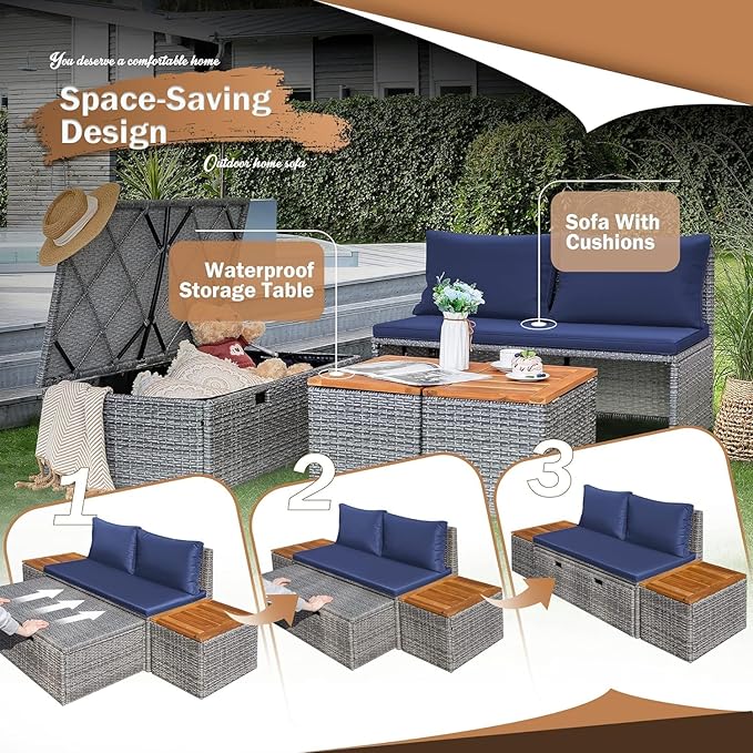 Devoko Patio Day Bed Outdoor Daybed Set Multifunctional Rattan Lounge Bed with 2 Side Tables for Backyard Porch Poolside Lawn Beach (Navy Blue)
