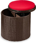Best Choice Products Round Wicker Ottoman, Multipurpose Outdoor Furniture for Patio, Backyard, Additional Seating, Footrest, Side Table w/Storage, Removable Cushions – Brown/Red