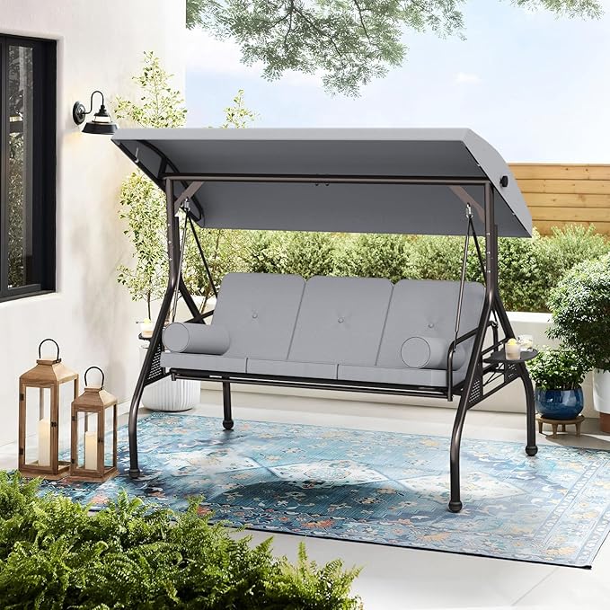 Oakcloud 3-Seat Outdoor Porch Swing with Adjustable Canopy, Large Converting Swing Chair, Patio Swing Glider with Pillows & Thick Cushions for Poolside Balcony Backyard (Grey)