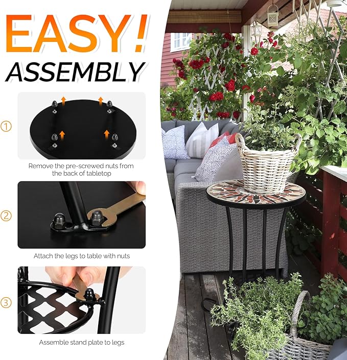 VINGLI Mosaic Outdoor Side Table, 14" Round End Table, Accent Table, Ceramic Tile Top Black Iron,Brown Flower