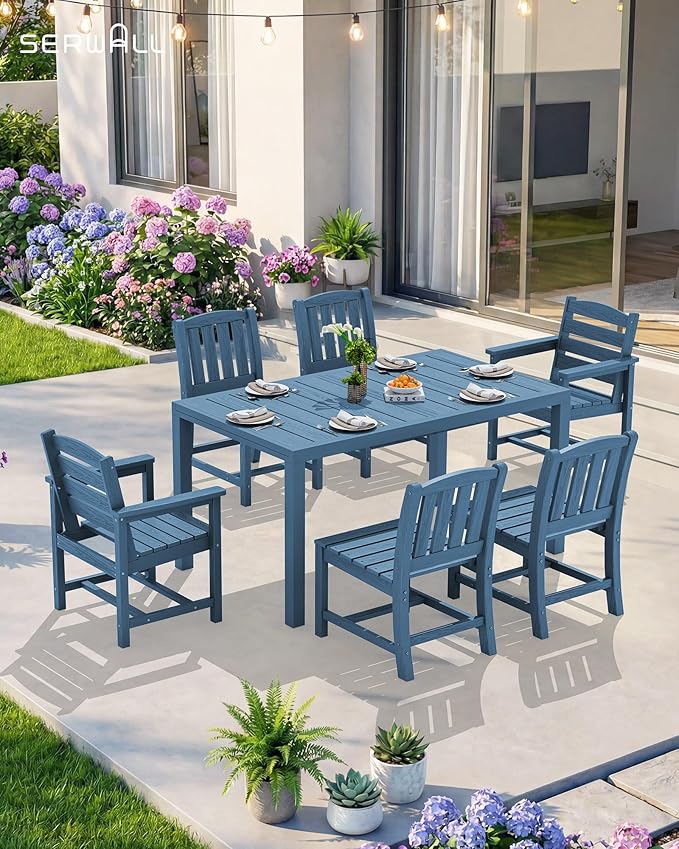 SERWALL 9-Piece Outdoor Dining Set, 60" - 83" Expandable Outdoor Dining Table and 8 HDPE Chairs, All Weather HDPE Outdoor Furniture Set for Backyard, Garden, Blue