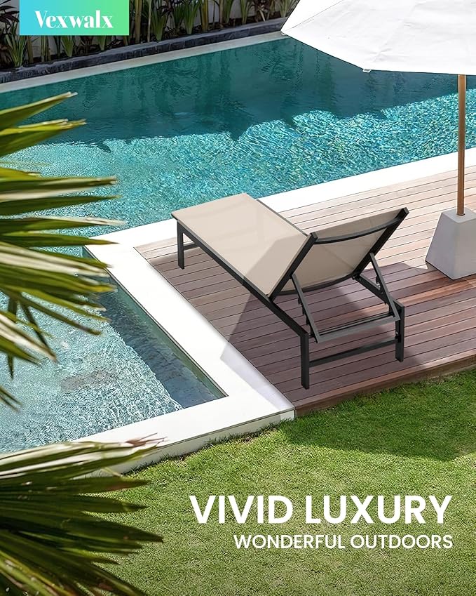 Outdoor Lounge Chair for Pool, Aluminum Chaise Lounge Chairs with 5-Position Recliner, Patio Lounge Chair for Backyard, Poolside, Deck, Lawn (Khaki)