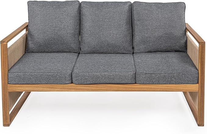 JONATHAN Y SFB1002B Gable 3-Seat Mid-Century Modern Roped Acacia Wood Outdoor Sofa with Cushions Scandinavian, Classic, Transitional, Industrial for Backyard, Patio, Porch, Gray/Teak Brown