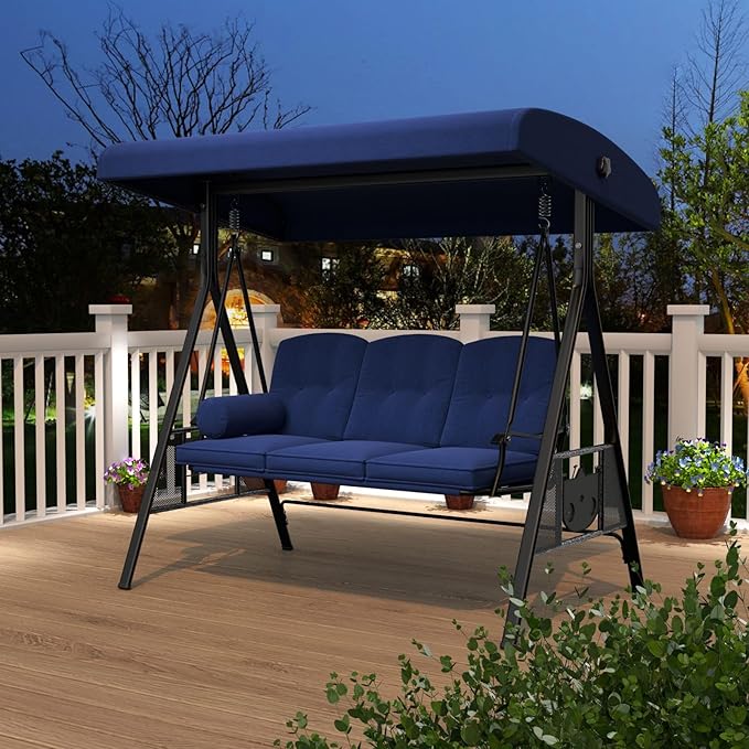 AECOJOY Outdoor Porch Swing, 3-Seat Porch Swing with Adjustable Canopy, Outdoor Swings for Adult with Dark Blue Removable Cushions for Backyard, Garden, Yard, Poolside, Balcony