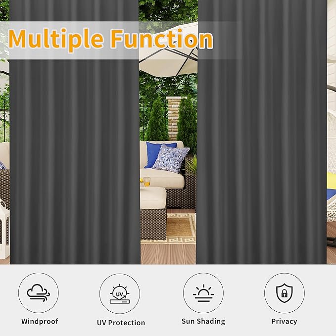 Easy-Going Outdoor Patio Curtains Detachable Tab Top Windproof Weatherproof Curtain for Cabana, Porch, Pergola and Gazebo, Tab Bottom Drape, 2 Panels, 54W x 84L inch, Gray