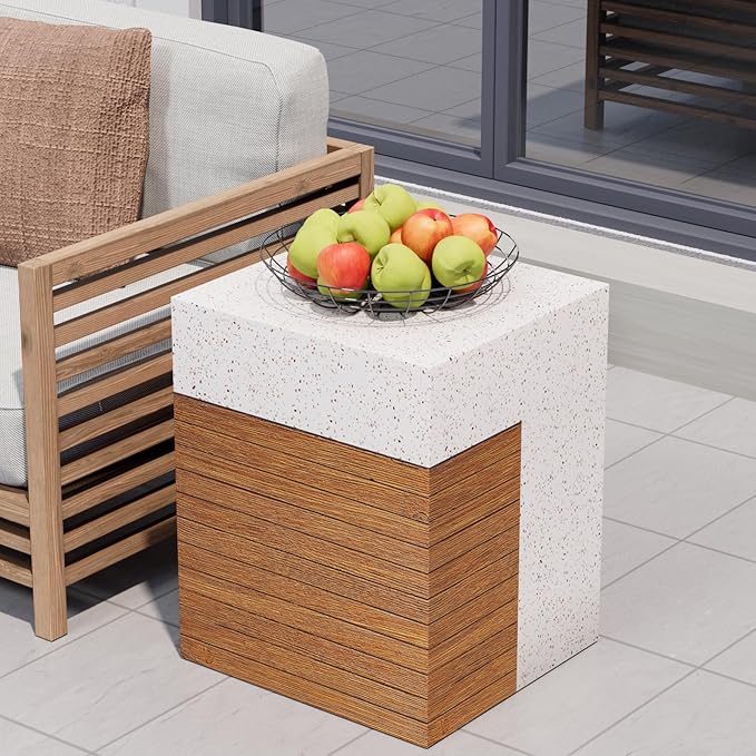 COSIEST Concrete Side Table, Rectangular Outdoor End Table w Faux Wood Design,15''Patio Side Tables End Table, Outdoor Accent Side Tables for Garden and Patio, Terrazzo