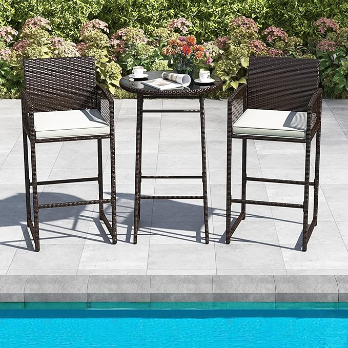 Tangkula 3 Piece Patio Bar Set, Outdoor Wicker Bar Height Glass Top Table & 2 Cushioned Bartools Heavy Duty, for Backyard, Poolside, Porch