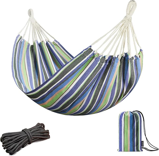 JoyView Brazilian Hammock for Single Person Portable Hammock with Hanging Ropes & Carry Bag Large 78.8x39.4” for Patio 300LBS Capacity Perfect for Outdoor/Indoor - Blue & Green Stripes