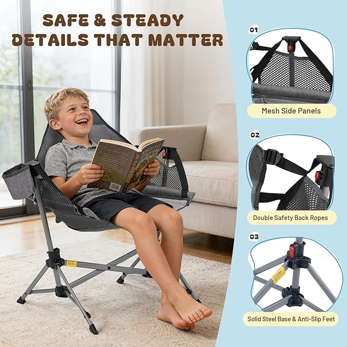 BusyBee Hammock Camping Chairs for Kids, Folding Kids Chair with Stand, Child Camping Gear, Hammock Swing Chair with Cup Holder & Carrying Bag for Outdoor, Lawn, Hiking, Indoor, Supports 125 LBS, Grey