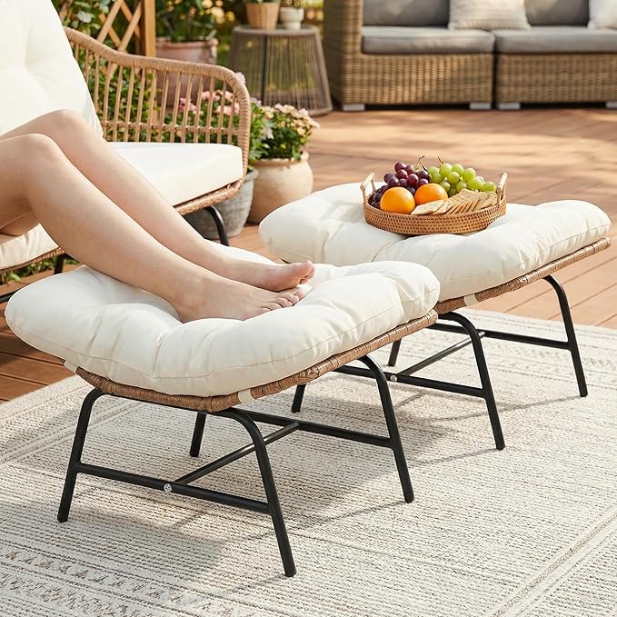 NICESOUL Indoor Outdoor Ottoman Set of 2, Large Wide Double Patio Footstool, PE Rattan Thicken Cushioned Footrest, All-Weather Wicker Furniture for Balcony, Porch, Living Room, Egg Chair, Beige
