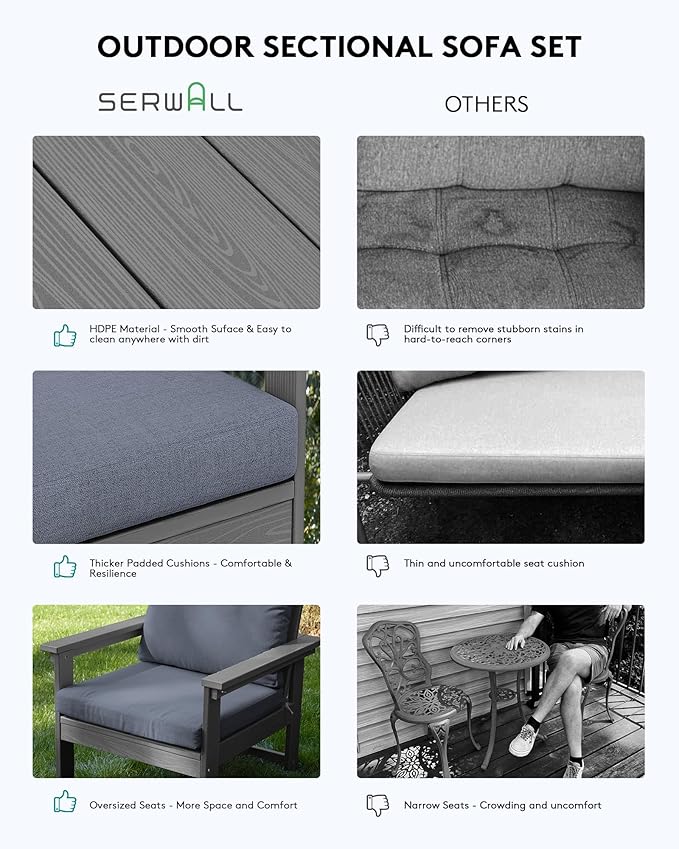 SERWALL Outdoor Sectional Sofa Set, 5-piece Outdoor Modula Couch Set with Ottoman, All Weather Patio Furniture Set with Chaise for Deck, Lawn, Gray Frame with Gray Cushion