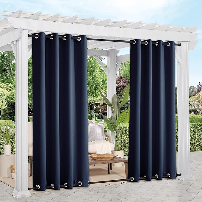 NICETOWN Gazebo Curtains Outdoor Waterproof & Windproof 95 inch Length 2 Panels, Top and Bottom Wind-Break Outdoor Dividers Thermal Insulated Blackout Blinds for Patio, Navy Blue
