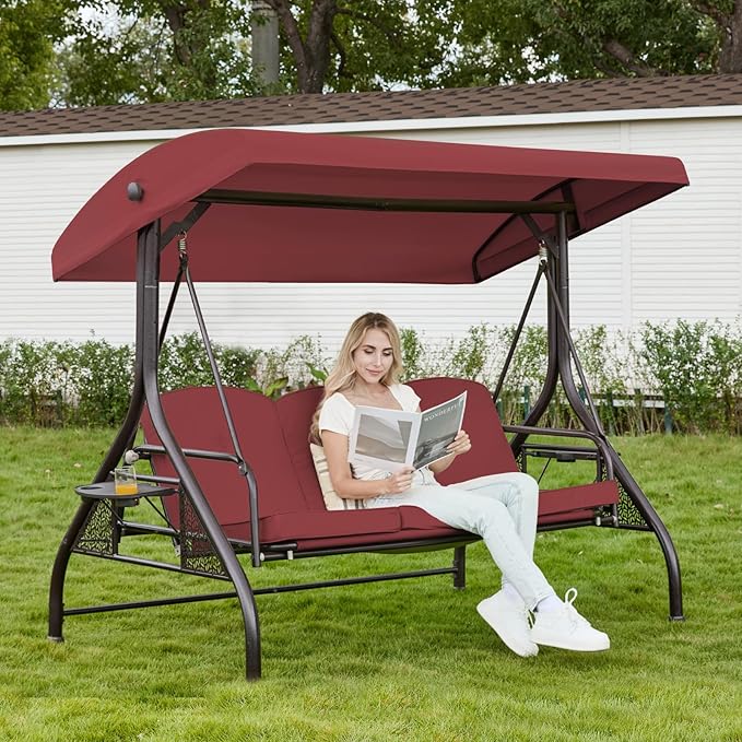 Upgrade 180° Convertible Outdoor Swing for Adults, Outdoor Porch Swing with Stand 800lb Bearing Capacity, 3-Seat Outdoor Swing with Canopy Adjustable, Thickened Cushions (Round, Wine Red)