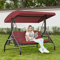 Upgrade 180° Convertible Outdoor Swing for Adults, Outdoor Porch Swing with Stand 800lb Bearing Capacity, 3-Seat Outdoor Swing with Canopy Adjustable, Thickened Cushions (Round, Wine Red)