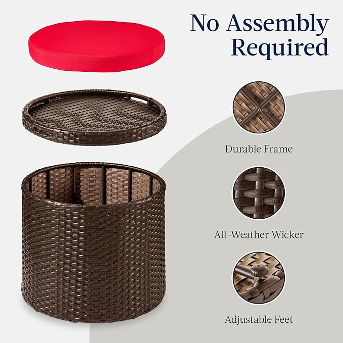 Best Choice Products Round Wicker Ottoman, Multipurpose Outdoor Furniture for Patio, Backyard, Additional Seating, Footrest, Side Table w/Storage, Removable Cushions – Brown/Red