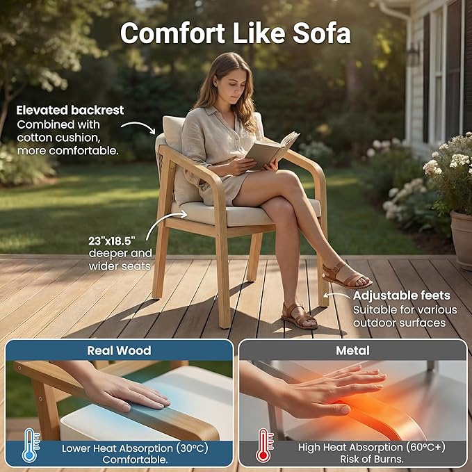 Wisteria Lane Acacia Patio Dining Chairs Set of 2, Outdoor Wood Chairs with Thick Cushions, Modern Patio Seating with Woven Rope Backrest for Porch, Backyard, Garden, Indoor Use, Beige