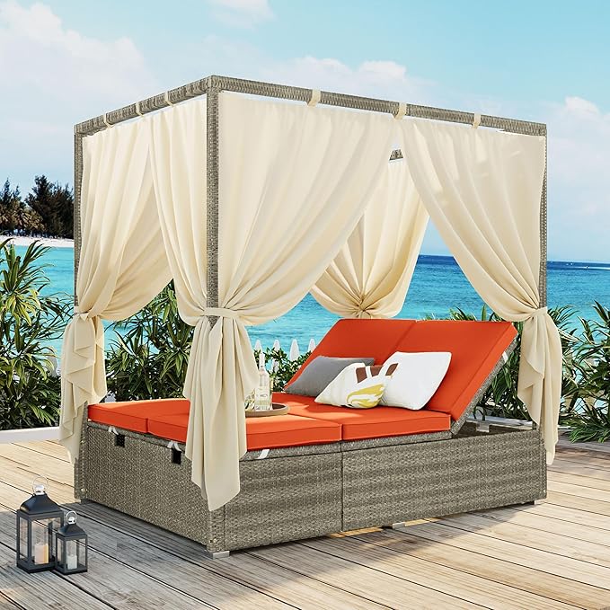 Harper & Bright Designs Adjustable Outdoor Sun Lounger with Canopy,Multi-Position Recline Patio Chair with Removable Cushion,Weather-Resistant Rattan Chaise Lounge for Poolside,Garden & Terrace,Orange