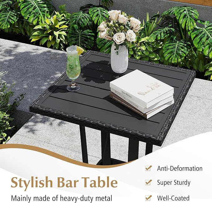 Tangkula 3 Piece Patio Wicker Bar Set, Outdoor Rattan Counter Height Cushioned Chairs & Square Table with Heavy-Duty Metal Frame, for Balcony, Backyard, Poolside
