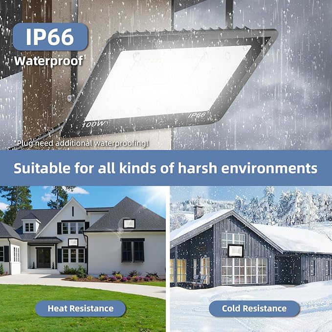 100W Flood Lights Outdoor,12000LM Bright LED Work Light,IP66 Waterproof Outdoor with Switch and 6.5FT Plug,6500K Daylight White Outside Lights for Yard，Garage,Garden,Stadium(2 Pack)