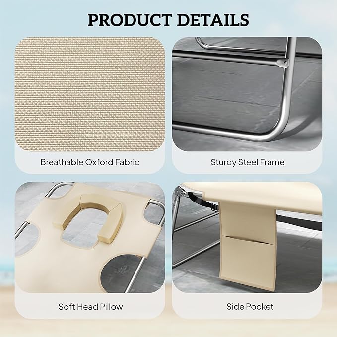 Outsunny Chaise Lounge Chair Outdoor Set of 2 with Face Arm Hole, 5-Position Reclining Face Down Tanning Chair with Carry Strap, Side Pocket, Portable Folding Bed Cot for Patio Beach Pool, Beige