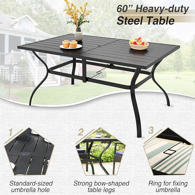 PHI VILLA 7 Piece Outdoor Dining Set for 6, Rectangular Wrought Iron Dining Table with Umbrella Hole & Cushioned Rattan Wicker Chairs for Patio, Deck, Yard, Porch