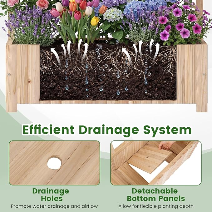 Giantex Wooden Raised Garden Bed with Arched Trellis Set 2, 71” Fir Wood Outdoor Elevated Planter Box Privacy Screen w/Drainage Holes, Vertical Garden Bed for Climbing Plants, Patio Balcony Backyard