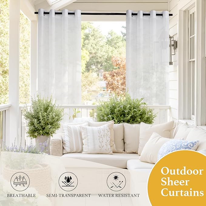 RYB HOME 2 Panels Pergola Curtains Outdoor - Linen Look Waterproof White Sheer Curtains Half Privacy Outdoor Curtains for Patio Porch Pool Hut Spa, 54 inches Wide x 96 inches Long
