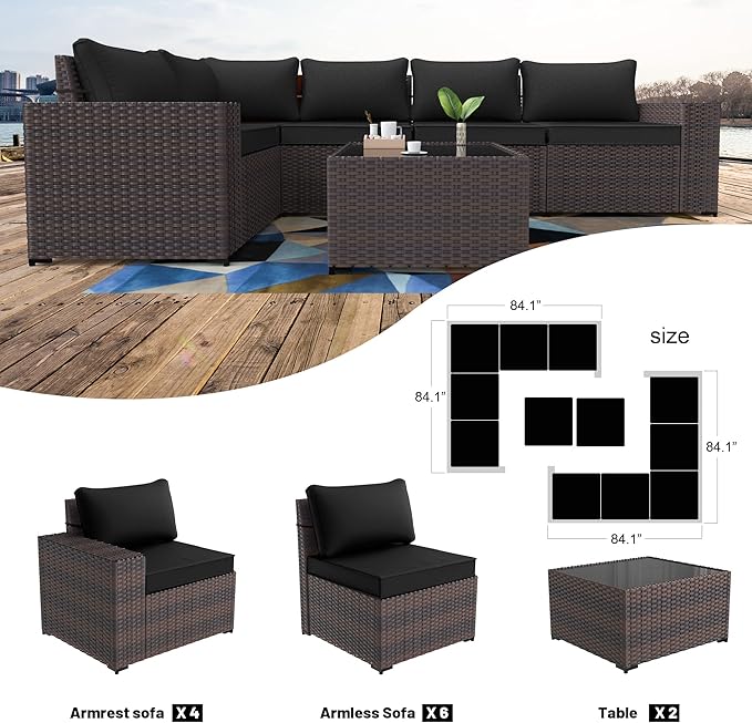 Kullavik Outdoor Patio Furniture Set,12 Pieces Sectional Rattan Sofa Set Brown PE Rattan Wicker Patio Conversation Set with 10 Seat Cushions and 2 Tempered Glass Coffee Table,Black