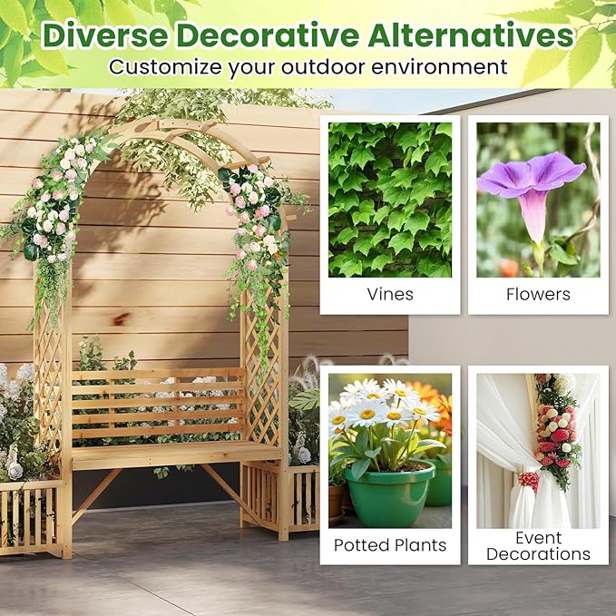Giantex Outdoor Bench with Garden Arch & Planters, Wooden Pergola Archway, Outdoor Trellis for Climbing Plants, Patio Decorative Arbor Arch for Backyard Lawn (Arched,Natural,73"x22"x80")