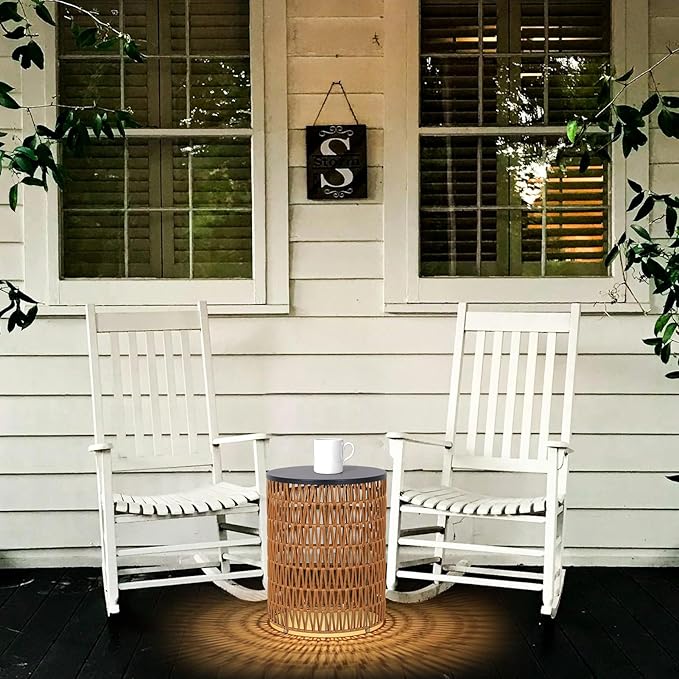HMVPL Outdoor Side End Table with Dimmable Light Remote Control,2-Pack Small Round Patio Table with Timing Light,Outside Plastic Rattan Accent Bistro Desk for Poolside Backyard Balcony Gazebo Indoor