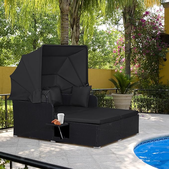 RELAX4LIFE Patio Outdoor Daybed with Canopy, Wicker Sunbed w/Cushions, 4 Pillows & 2 Retractable Side Trays, 2-Person Lounge Bed Conversation for Poolside Porch Garden, Rattan Outdoor Bed (Black)