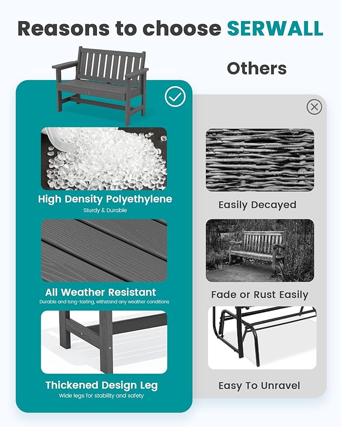 SERWALL Outdoor Bench, HDPE Outdoor Benches Weatherproof, 2-Person Garden Bench with 660 lbs Weight Capacity, Patio Benches for Outdoors, Garden, Porch, Backyard and Park, Grey, 6 Pack