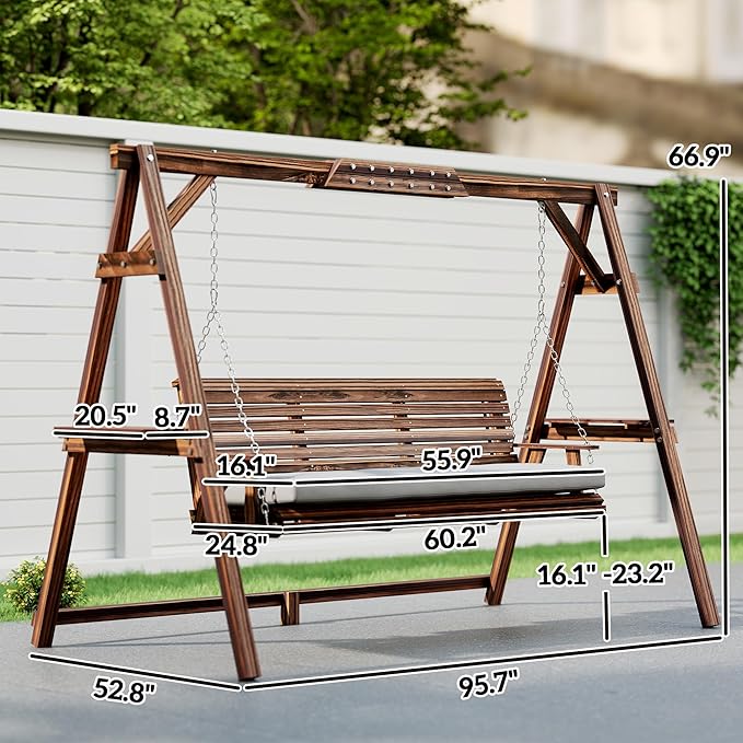 Outsunny 3 Seat Porch Swing with Stand, Wooden Patio Swing Chair with Cushion, Side Trays and Metal Chains, Outdoor Bench for Garden, Poolside, Backyard, Carbonized Brown