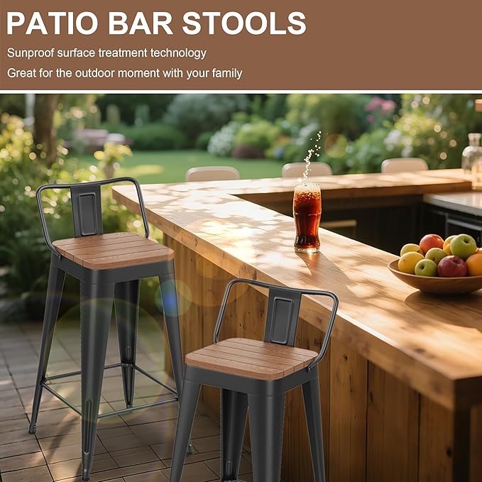 HAOBO Home 30" Outdoor Barstools Patio Stool Metal Bar Stools Set of 4 Counter Height Barstools with Wood Plastic Seat Industrial Bar Chairs Metal Kitchen Stools