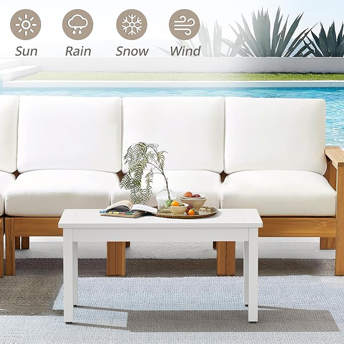 LUE BONA Outdoor Coffee Table Rectangle, 42.5" HDPS Patio Coffee Tables for Outside, All Weather Patio Coffee Table with Slatted Tabletop for Deck, Garden, Balcony, Indoor or Outdoor Use, White