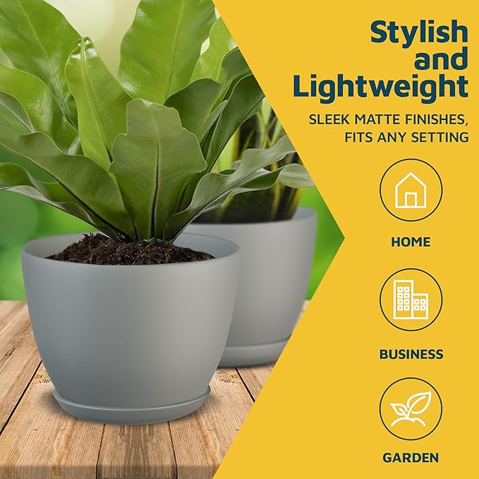 Planter Pots with Drainage Holes - Lightweight, Durable & Space-Saving Pots for Indoor and Outdoor - Versatile Functionality, Simple Modern Design, Set of 10 Plastic Planter Pots - Gray