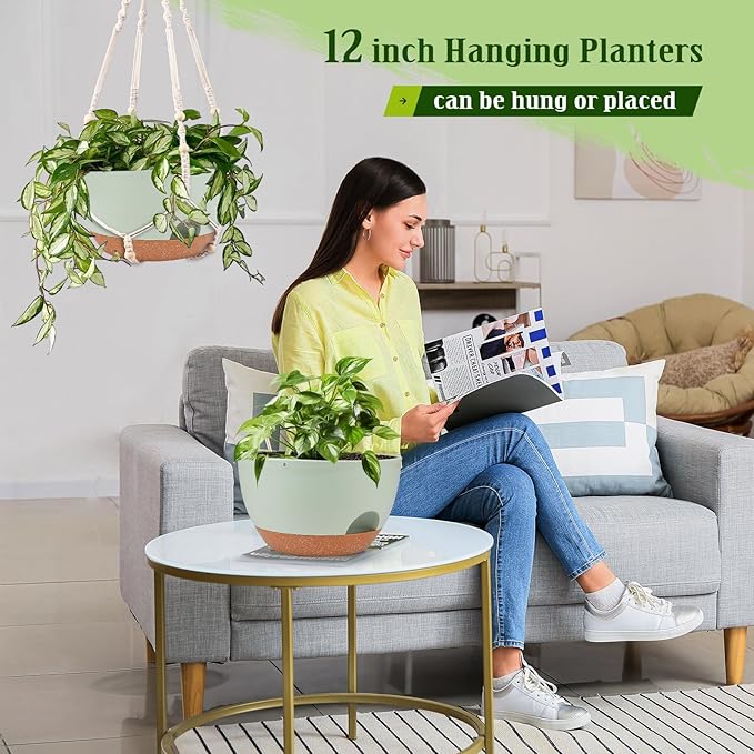 Hanging Planters for Outdoor Indoor Plants, 2 Pack 12 Inch Hanging Basket Plants Outdoor, Self Watering Hanging Planter with Plant Hanger for Garden Home Decoration (Green)