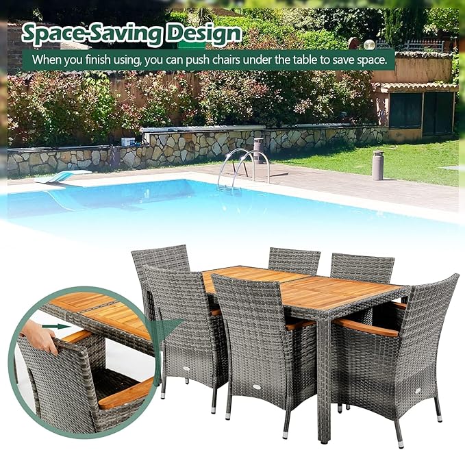Tangkula 9 Piece Rattan Outdoor Dining Set with 13Ft Umbrella for 6, Outdoor Wicker Table Set with 6 Cushioned Armchairs, Acacia Wood Top, Outdoor Umbrella & with Base Included