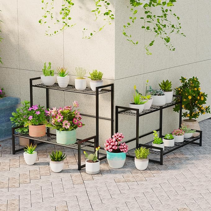 Garden 4 you 4 Tier Stair Style Large Metal Plant Stand Stackable, Garden Display Shelf Flower Pot Holder Storage Organizer Rack for Indoor Home Outdoor Patio Balcony Yard( Black,Rectangle)