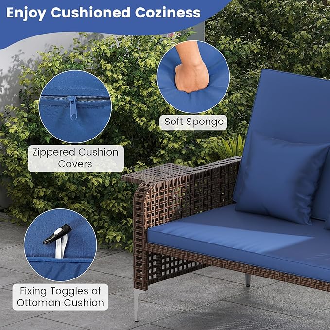 Tangkula Patio Rattan Daybed with 4-Level Adjustable Backrest, Boho Outdoor Wicker Loveseat & Storage Ottoman with Cushion, 2-Person Sun Lounger with Folding Tables for Poolside, Backyard & Garden