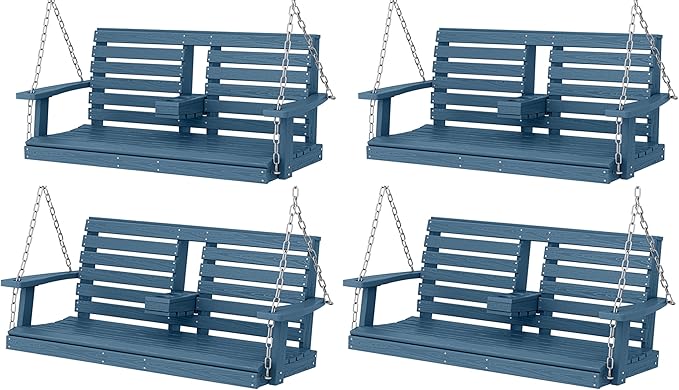 KINGYES Outdoor Hanging Porch Swing Set of 4, 2 Seat Patio Chair With Cup Holders, Waterproof Bench for Courtyard & Garden, 660LBS Weight Capacity, Blue