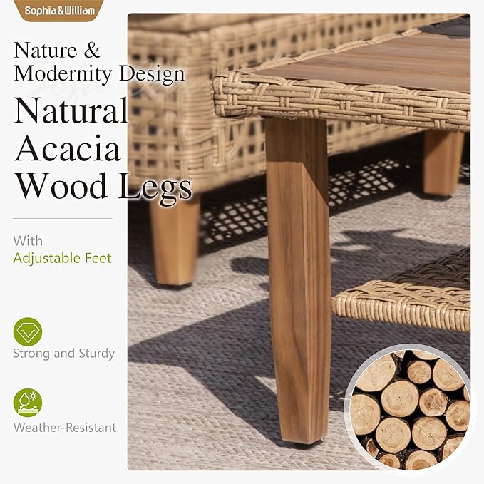 Sophia & William Outdoor Rattan Sofa Set with Thick Cushions & Coffee Table – Weather-Resistant Patio, Garden & Deck Furniture (Beige)