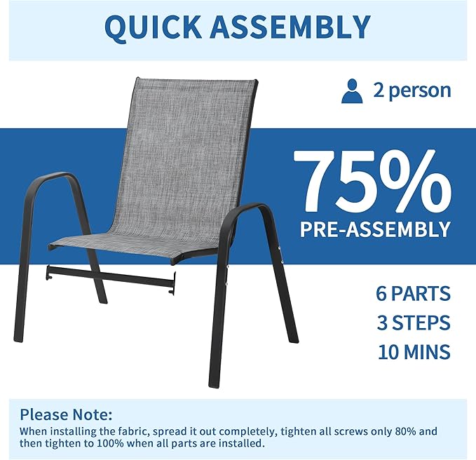 PIZZELLO Patio Chairs Set of 6 - Outdoor Stackable Dining Chairs for All Weather - Lightweight Textilene Outdoor Chair Sets with Armrests - 330Lbs Capacity - for Backyard Garden Porch Poolside (Grey)