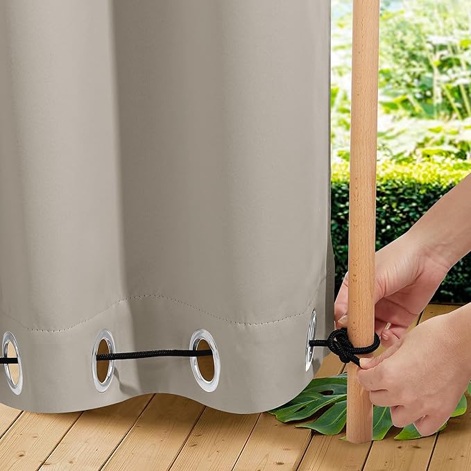 NICETOWN 2 Panels Outdoor Curtains for Patio Waterproof & Windproof, Extra Wide Grommet & Back Tab on Top & Bottom Thermal Insulated Sun Blocking Drapes with Rope for Deck, Natural, W100 x L84