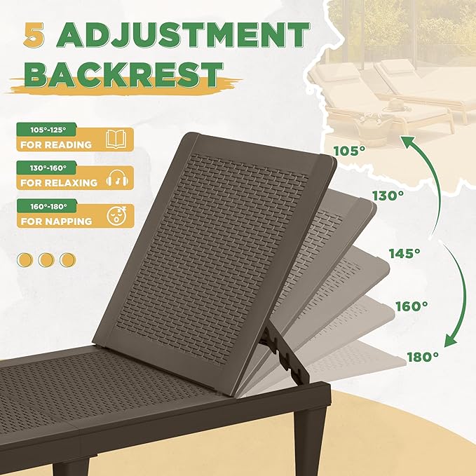 Greesum Outdoor Chaise Lounge Chairs Set of 2 with 5-Position Adjustable Backrest, Waterproof PP Sun Chaise Loungers for Garden Pool Beach Patio Deck Sunbathing, Brown