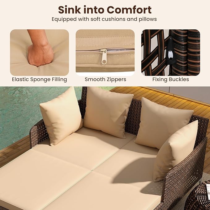 Tangkula Outdoor Rattan Double Daybed, Boho Wicker Chaise Lounge for 2 with Seat & Back Cushions, Outdoor Sunbed Loveseat with Metal Support for Backyard, Poolside & Deck (Brown)