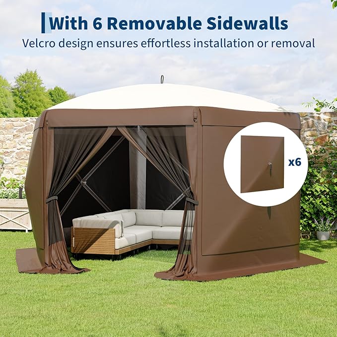 13x13FT 6-Sided Pop Up Gazebo Tent，One-Push Setup Canopy Tent with Removable Canopy Top & Wind Cloths, Outdoor shelter for Camping, Backyard Parties, Outdoor Events - Beige & Khaki